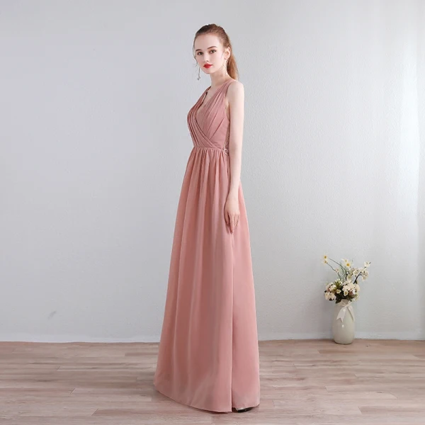 Modern / Fashion Floor-Length / Long Blushing Pink Evening Dresses  2018 A-Line / Princess Chiffon V-Neck Lace-up Appliques Backless Pierced Formal Dresses