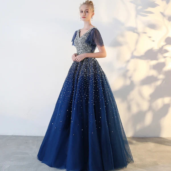 Glitzernden Königliches Blau Ballkleider 2018 Tülle V-Ausschnitt Pailletten Glanz Rückenfreies Perlenstickerei Sternenklarer Himmel Ballkleid Ball Festliche Kleider