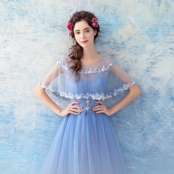 Chic / Beautiful Sky Blue Evening Dresses 2017 A-Line / Princess Tulle U-Neck Appliques Backless Beading Evening Party Formal Dresses