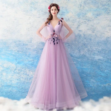 Chic Beautiful Lilac Evening Dresses 2018 A Line Princess Floor Length Long Tulle V Neck Appliques Backless Evening Party Formal Dresses
