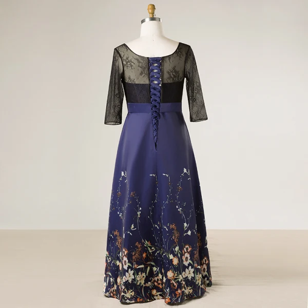 Flower Fairy Navy Blue Plus Size Evening Dresses 2018 V-Neck Charmeuse A-Line / Princess Lace-up Backless Printing Evening Party Prom Dresses