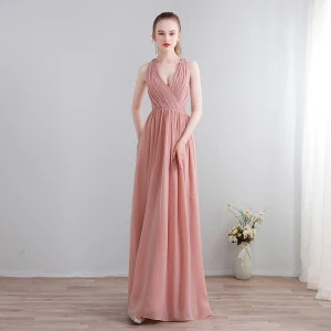 Moderne Mode Longue Rougissant Rose Robe De Soirée 2018 Princesse Chiffon V Cou Lacer Appliques Dos Nu Percé Robe De Ceremonie