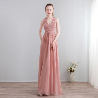 Modern Lange Blozen Roze Avondjurken 2018 A Lijn Chiffon V Hals Lace Up Appliques Ruglooze Doorboord Gelegenheid Jurken