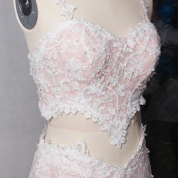 2 Piece Amazing / Unique Blushing Pink Court Train Wedding 2018 V-Neck Lace Lace-up Backless Beading Pearl Sheath / Fit Wedding Dresses