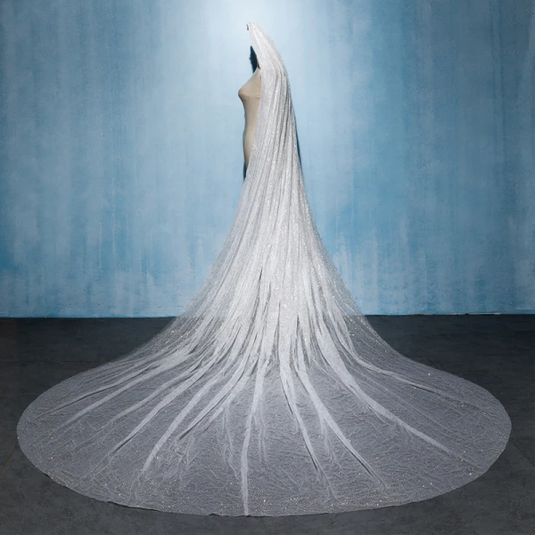 Sparkly Bling Bling White Cathedral Train Wedding Beading Sequins Tulle Wedding Veils 2018