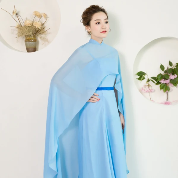 Modest / Simple Chinese style Sky Blue Floor-Length / Long Evening Dresses 2018 A-Line / Princess Chiffon With Cloak High Neck Evening Party Formal Dresses