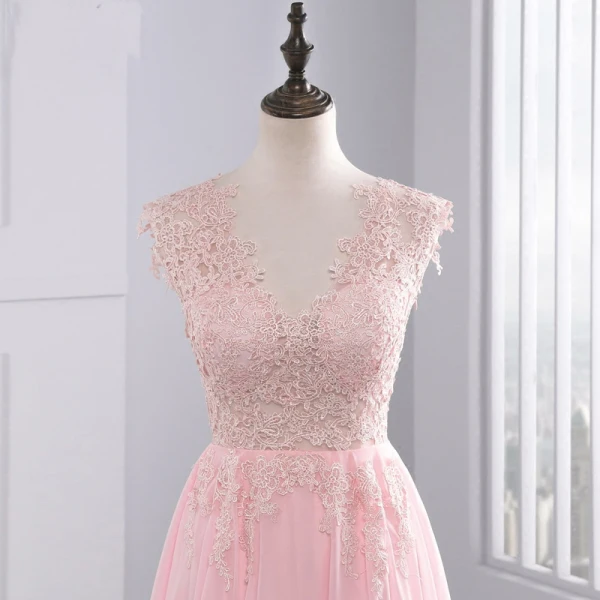 Chic / Beautiful 2017 Candy Pink Evening Dresses  V-Neck Lace Appliques Backless A-Line / Princess Evening Party