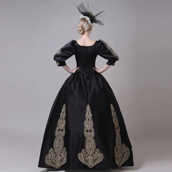 Vintage / Originale Médiévale Noire Robe Boule Robe De Bal 2021 V-Cou 3/4 Manches Longue Dentelle 3D Fleur Fait main Cosplay Promo Robe De Ceremonie