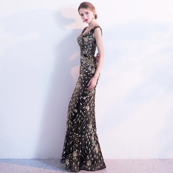 Scintillantes Noire Robe De Soirée 2017 Trompette / Sirène V-Cou Dos Nu Paillettes Charmeuse Soirée Robe De Fete