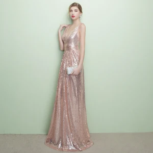 Chic Belle Scintillantes Perle Rose Robe De Soirée 2017 Trompette Sirène V Cou Rayé Dos Nu Paillettes Polyester Soirée Robe De Ceremonie