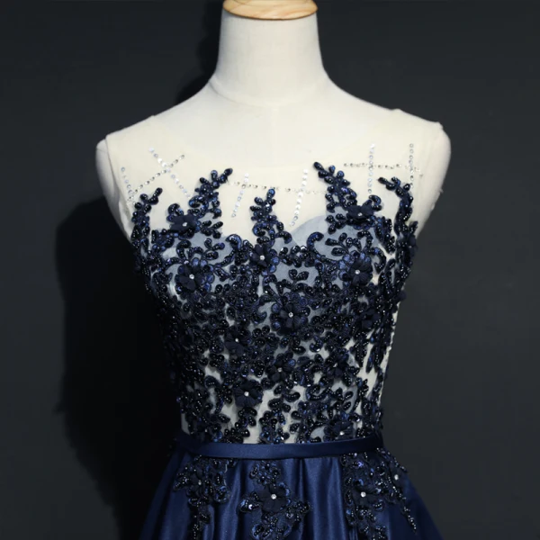 Chic / Belle Bleu Marine Robe De Soirée 2017 Princesse Dentelle U-Cou Appliques Dos Nu Perlage Fait main Soirée Robe De Ceremonie