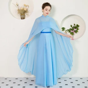 Simple Style Chinois Bleu Ciel Longue Robe De Soirée 2018 Princesse Chiffon Avec Cape Col Haut Soirée Robe De Ceremonie
