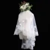 Luxe Ivoor Korte Bruidssluier Kant Chiffon Geborduurde Huwelijk Accessoires 2019