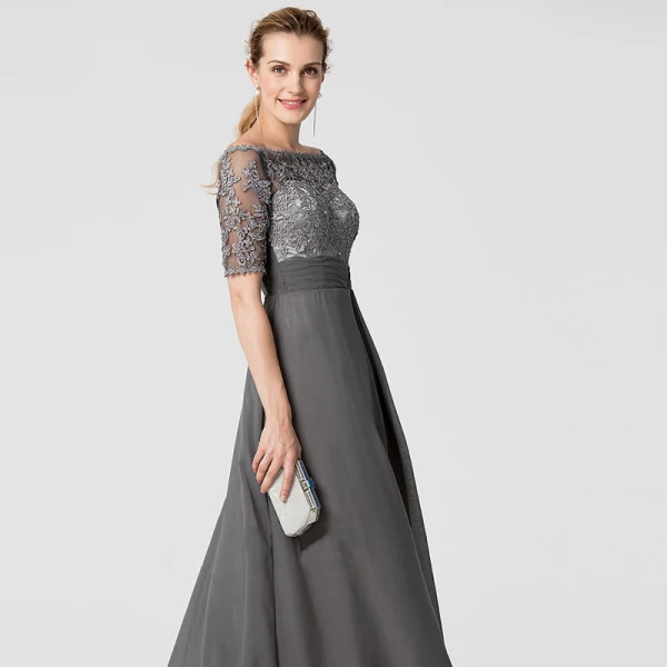 Schöne Grau Brautmutterkleider 2020 A Linie Lange Kurze Ärmel Applikationen Stickerei Strass Bandeau Abend Hochzeit Kleider Für Hochzeit