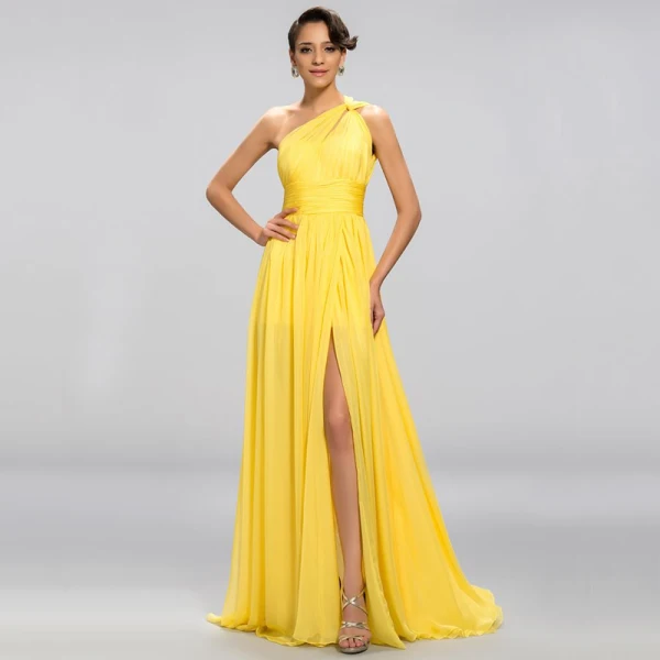 Elegante Klassisch Charmant Gelb Empire Abendkleider 2020 A Linie Lange Sommer Einfarbig Gespaltete Front Rückenfreies One-Shoulder Cocktail Abend Festliche Kleider