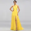 Eleganckie Klasyczna Uroczy Żółta Imperium Sukienki Wieczorowe 2020 Princessa Długie Lato Jednolity kolor Podział Przodu Bez Pleców Jedno Ramię Koktajlowe Wieczorowe Sukienki Wizytowe