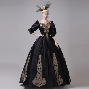 Vintage Originale Médiévale Noire Robe Boule Robe De Bal 2021 V Cou 3 4 Manches Longue Dentelle 3d Fleur Fait Main Cosplay Promo Robe De Ceremonie