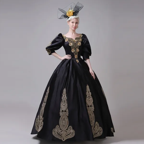 Vintage / Retro Medieval Black Ball Gown Prom Dresses 2021 V-Neck 3/4 Sleeve Floor-Length / Long 3D Lace Flower Handmade  Cosplay Prom Formal Dresses