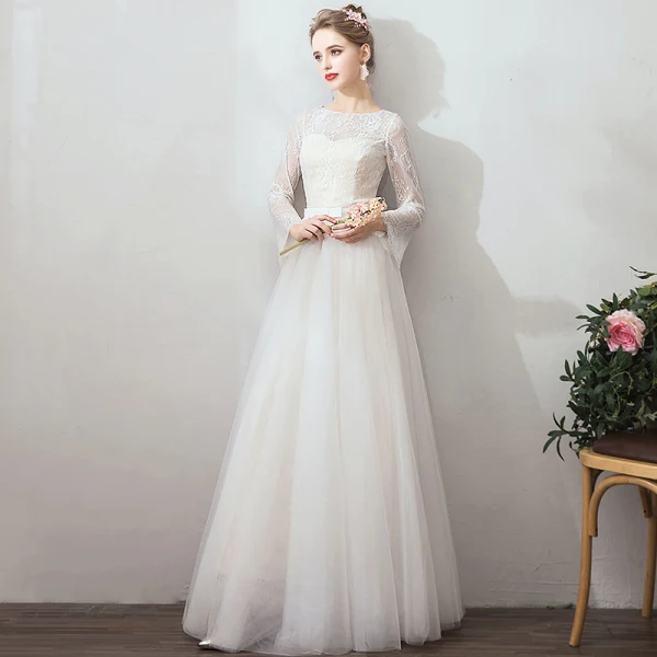 Amazing / Unique White Evening Dresses 2019 A-Line / Princess Lace Tulle U-Neck Long Sleeve Appliques Backless Red Carpet Holiday Summer Formal Dresses