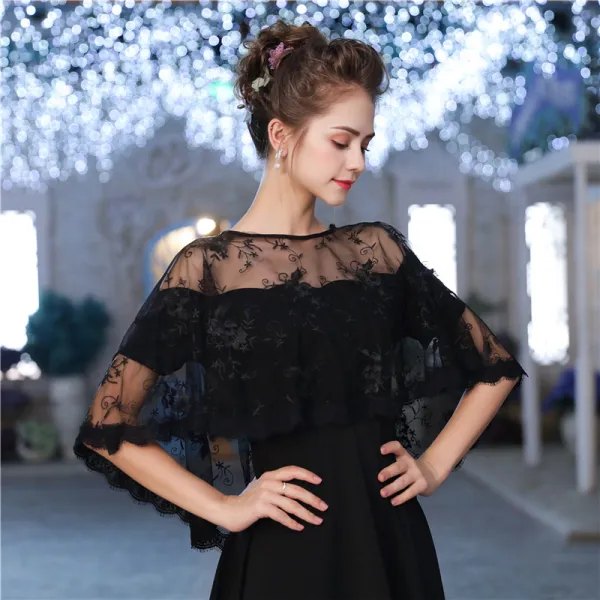Black Lace Tulle Scoop Neck Evening Party Prom Shawls 2017