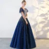 Sparkly Royal Blue Prom Dresses 2018 Tulle V-Neck Sequins Glitter Backless Beading Starry Sky Ball Gown Prom Formal Dresses