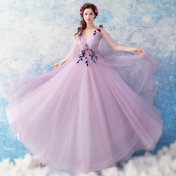 Chic / Beautiful Lilac Evening Dresses 2018 A-Line / Princess Floor-Length / Long Tulle V-Neck Appliques Backless Evening Party Formal Dresses