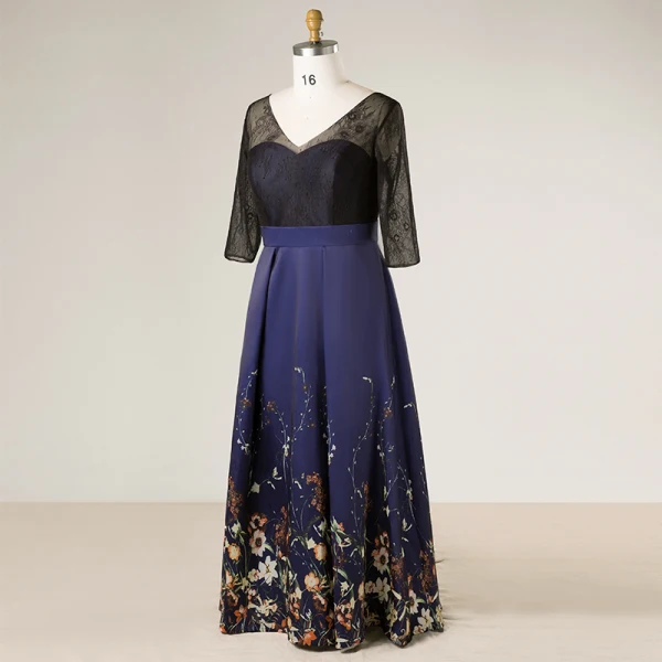 Flower Fairy Navy Blue Plus Size Evening Dresses 2018 V-Neck Charmeuse A-Line / Princess Lace-up Backless Printing Evening Party Prom Dresses