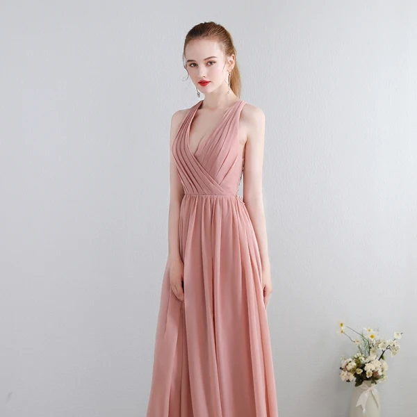 Modern / Fashion Floor-Length / Long Blushing Pink Evening Dresses  2018 A-Line / Princess Chiffon V-Neck Lace-up Appliques Backless Pierced Formal Dresses