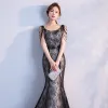 Luxury / Gorgeous Black Chapel Train Evening Dresses  2018 Trumpet / Mermaid Tulle U-Neck Beading Printing Backless Evening Party Formal Dresses