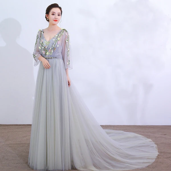 Chic / Beautiful Grey Cathedral Train Prom Dresses 2018 A-Line / Princess V-Neck Tulle Lace-up Appliques Backless Beading Evening Party Formal Dresses