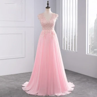 Chic Beautiful 2017 Candy Pink Evening Dresses V Neck Lace Appliques Backless A Line Princess Evening Party