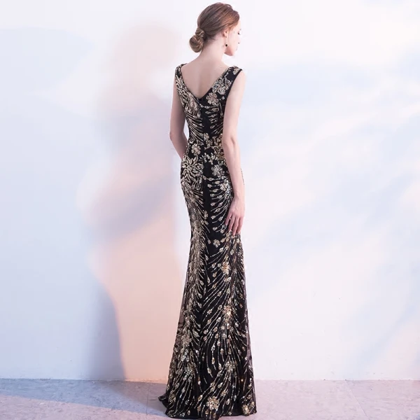 Scintillantes Noire Robe De Soirée 2017 Trompette / Sirène V-Cou Dos Nu Paillettes Charmeuse Soirée Robe De Fete