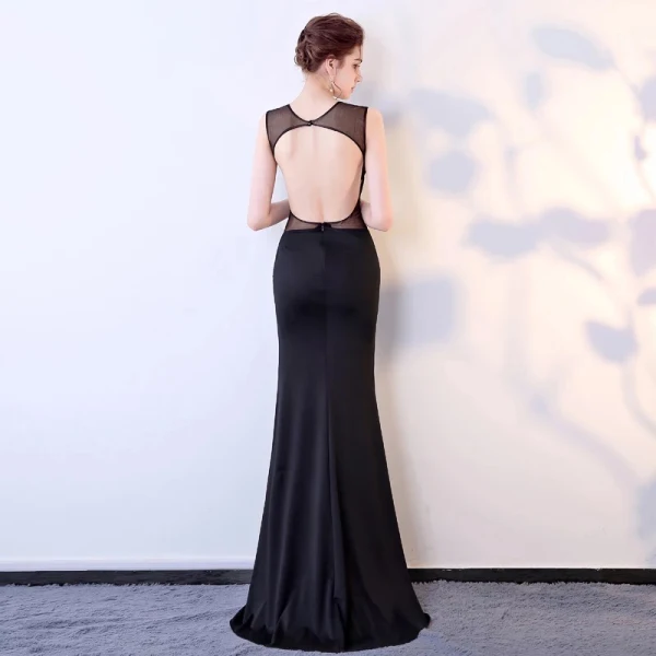 Chic / Belle Noire Robe De Soirée 2017 Trompette / Sirène Tulle V-Cou Perlage Dos Nu Paillettes Soirée Robe De Ceremonie