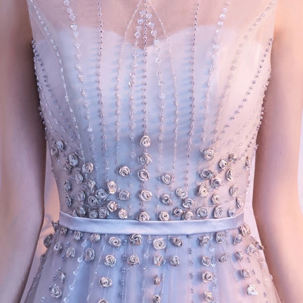 Snygga / Fina Grå Aftonklänningar 2018 Prinsessa U-Hals Tyll Appliqués Halterneck Beading Afton Formella Klänningar