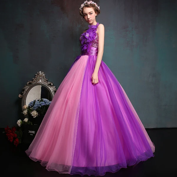 Schöne Violett Ballkleider 2017 Ballkleid One-Shoulder Tülle Applikationen Rückenfreies Perlenstickerei Pailletten Ball Festliche Kleider