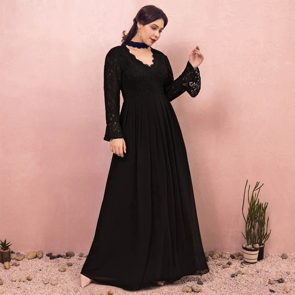 Amazing / Unique Black Plus Size Evening Dresses 2018 A-Line / Princess Long Sleeve Tulle V-Neck Lace-up Backless Evening Party Prom Dresses