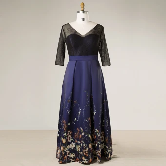 Flower Fairy Navy Blue Plus Size Evening Dresses 2018 V Neck Charmeuse A Line Princess Lace Up Backless Printing Evening Party Prom Dresses