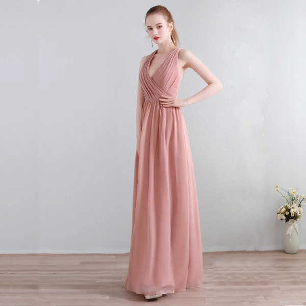 Modern / Fashion Floor-Length / Long Blushing Pink Evening Dresses  2018 A-Line / Princess Chiffon V-Neck Lace-up Appliques Backless Pierced Formal Dresses