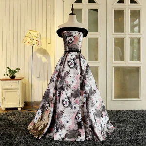 Fée Des Fleurs Multi Couleurs Longue Robe De Soirée 2018 Impression Charmeuse Princesse Dos Nu Bustier Soirée Robe De Bal