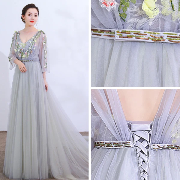 Chic / Beautiful Grey Cathedral Train Prom Dresses 2018 A-Line / Princess V-Neck Tulle Lace-up Appliques Backless Beading Evening Party Formal Dresses