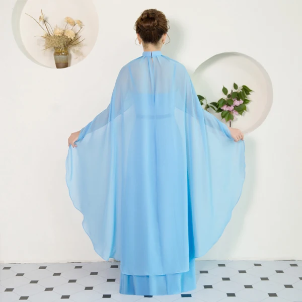 Modest / Simple Chinese style Sky Blue Floor-Length / Long Evening Dresses 2018 A-Line / Princess Chiffon With Cloak High Neck Evening Party Formal Dresses