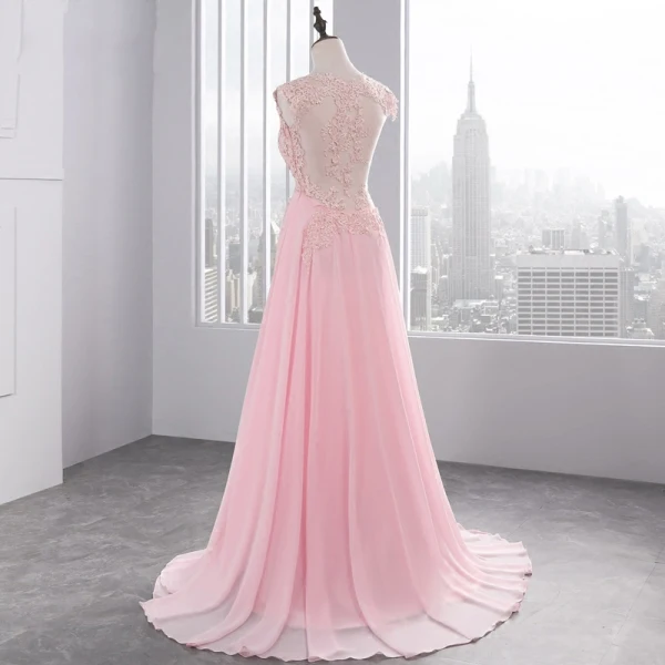 Chic / Beautiful 2017 Candy Pink Evening Dresses  V-Neck Lace Appliques Backless A-Line / Princess Evening Party