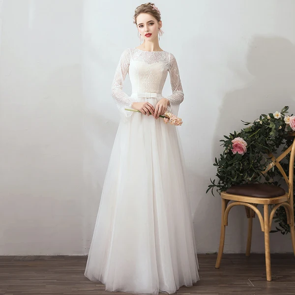 Amazing / Unique White Evening Dresses 2019 A-Line / Princess Lace Tulle U-Neck Long Sleeve Appliques Backless Red Carpet Holiday Summer Formal