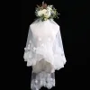 Luxe Ivoor Korte Bruidssluier Kant Chiffon Geborduurde Huwelijk Accessoires 2019