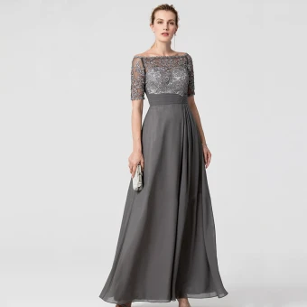 Chic Beautiful Grey Mother Of The Bride Dresses 2020 A Line Princess Floor Length Long Short Sleeve Appliques Embroidered Rhinestone Strapless Evening Party Wedding Wedding Party Dresses
