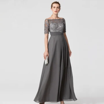 Chic Belle Gris Robe De Mère De Mariée 2020 Princesse Longue Manches Courtes Appliques Brodé Faux Diamant Bustier Soirée Mariage Robe Pour Mariage