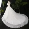 Chic / Beautiful Ivory Plus Size Wedding Dresses 2020 V-Neck Solid Color A-Line / Princess Beading Appliques Backless Pearl Sequins Cathedral Train Wedding