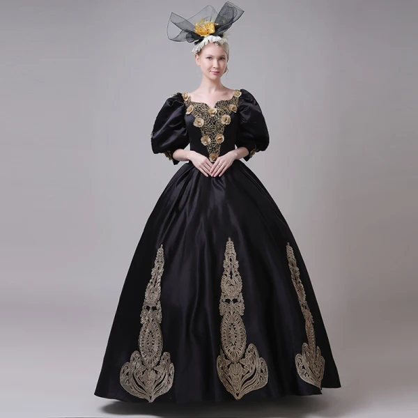 Vintage / Originale Médiévale Noire Robe Boule Robe De Bal 2021 V-Cou 3/4 Manches Longue Dentelle 3D Fleur Fait main Cosplay Promo Robe De Ceremonie