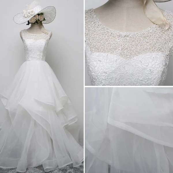 Chic / Beautiful White Wedding Dresses 2017 A-Line / Princess U-Neck Lace Appliques Beading Pierced Wedding Prom Dresses