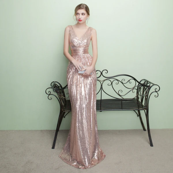 Schöne Glitzernden Pearl Rosa Abendkleider 2017 Mermaid V-Ausschnitt Gestreift Rückenfreies Pailletten Polyester Abend Festliche Kleider